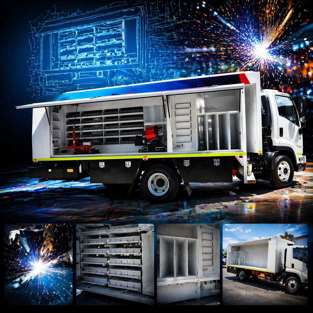A customized utility truck by Allweld Manufacturing Projects with open side panels revealing organized shelves and tools, surrounded by welding sparks and blueprints, plus three smaller images showing different angles and welding close-ups.