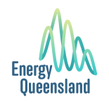 Logo featuring stylized, overlapping waveforms in shades of green and blue, resembling electrical signals. "Energy Queensland" is written in dark blue text below the graphic on a white background with rounded corners.